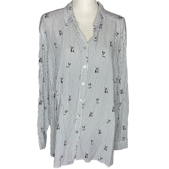 Jane and Delancey Wm’s Sz 3X Striped Boston Terrier Dog Print Button Down Shirt - Picture 1 of 5